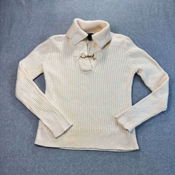 Lauren Ralph Lauren Ivory Ribbed Knit Sweater Equestrian Buckle Collar Women's L - Picture 1 of 9